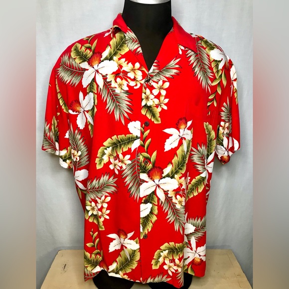 Vintage Two Palms Shirt Red Size 2XL Tiki Hawaiian Floral Palm Rayon Tropical - Picture 1 of 13